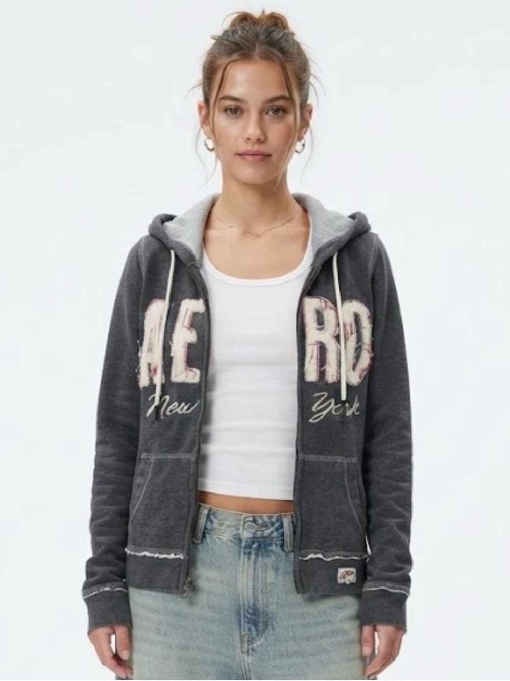 Vintage Y2K Aeropostale Gray Full-Zip Hoodie Applique Spellout Size L